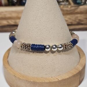 Blue Cream Silver Gold Beaded Bracelet Womens Jewelry Stretchy